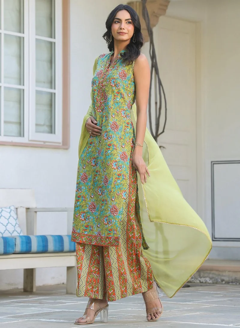 ZERESOUQ Light Green Cotton Straight 3-Piece Kurta Set